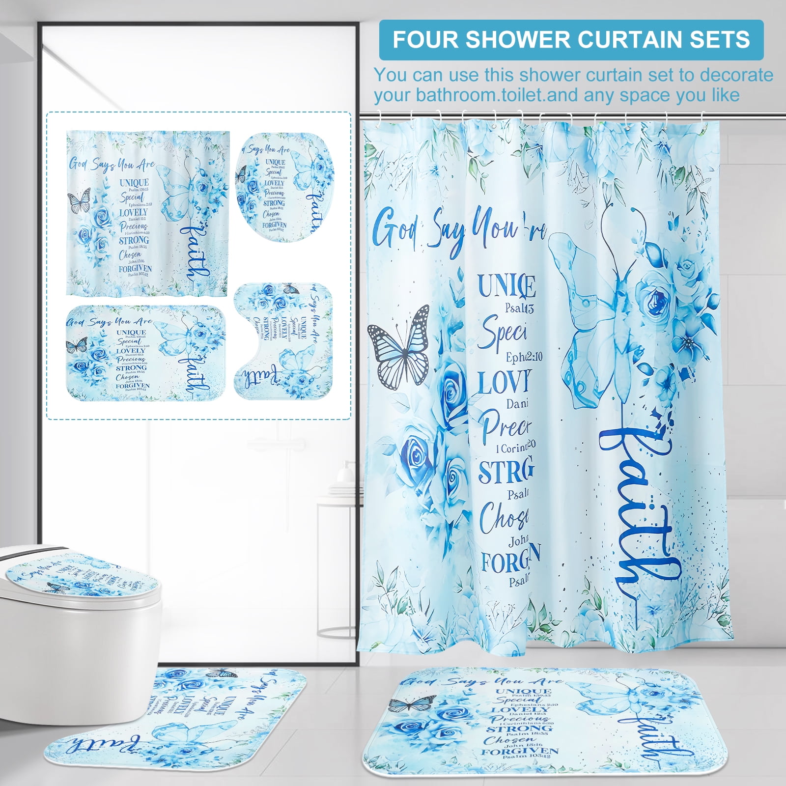 Dznils Blue Floral Shower Curtain Sets with Rugs, 16pc Butterfly Bathroom Curtain Set, 72" x 72"