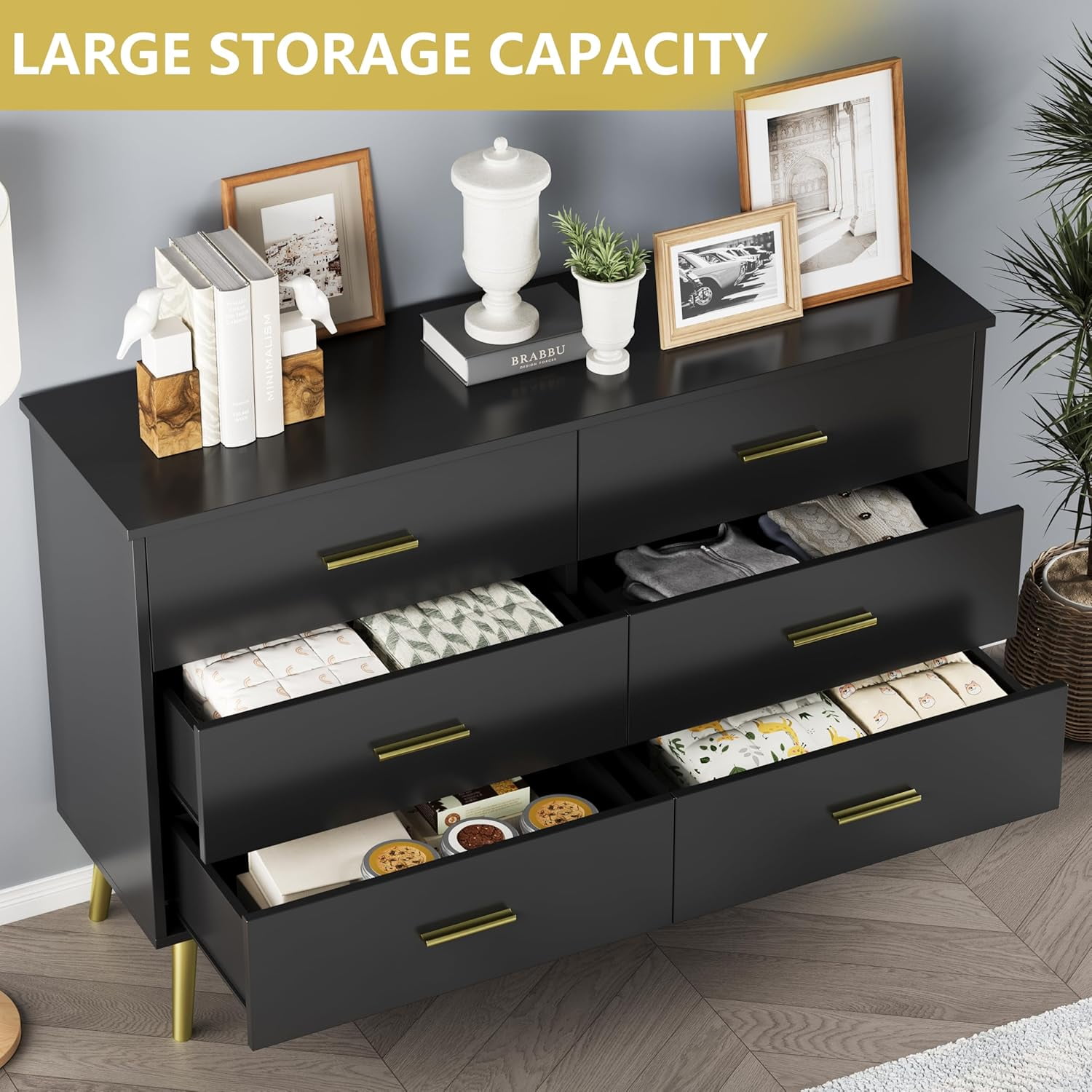 FANRAL 6 Drawers Dresser for Bedroom,Wood Modern Chest of Drawers with LED Light,Metal Support Feet,Black Dresser