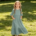 thumbnail image 5 of Antinious Girls Solid Pleated 3/4 Sleeve Round Neck Casual Versatile Wear Dress, 5 of 5