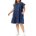 thumbnail image 4 of Agnes Orinda Women's Plus Size Denim Dress Pleated Ruffle Sleeve Flowy Swing 2026 Summer Casual Jean Midi Babydoll Dresses with Pocket 3X Dark Blue, 4 of 6