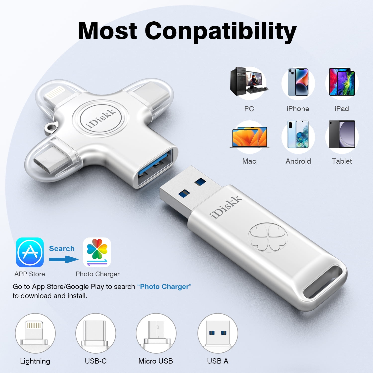 iDiskk 128GB 3-in-1 Flash Drive Auto Secure Backup - Memory Stick Storage to Transfer & Backup Photos, Videos for iPhone,iPad, Android, Mac & PC Zinc Alloy