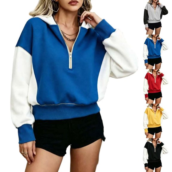 DeeHomeMo Women's Hooded Sweatshirt Half-Zip Pullover Contrast Panels Raglan Sleeves Loose Fit Ribbed Cuffs Hem Fall Winter Sports Casual Black,L