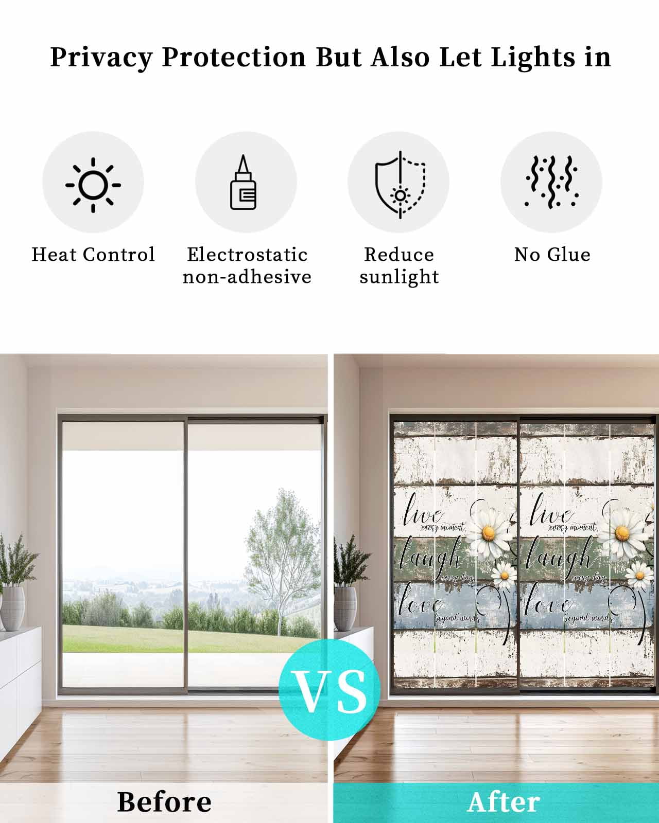 Window Privacy Film White Green Blue Stained Glass Window Film Decorative Sun Block Window Cover Vintage Wooden Rustic White Daisy Floral Window Clings Static Adhesive Sticker for Bathroom 23.6"x59"