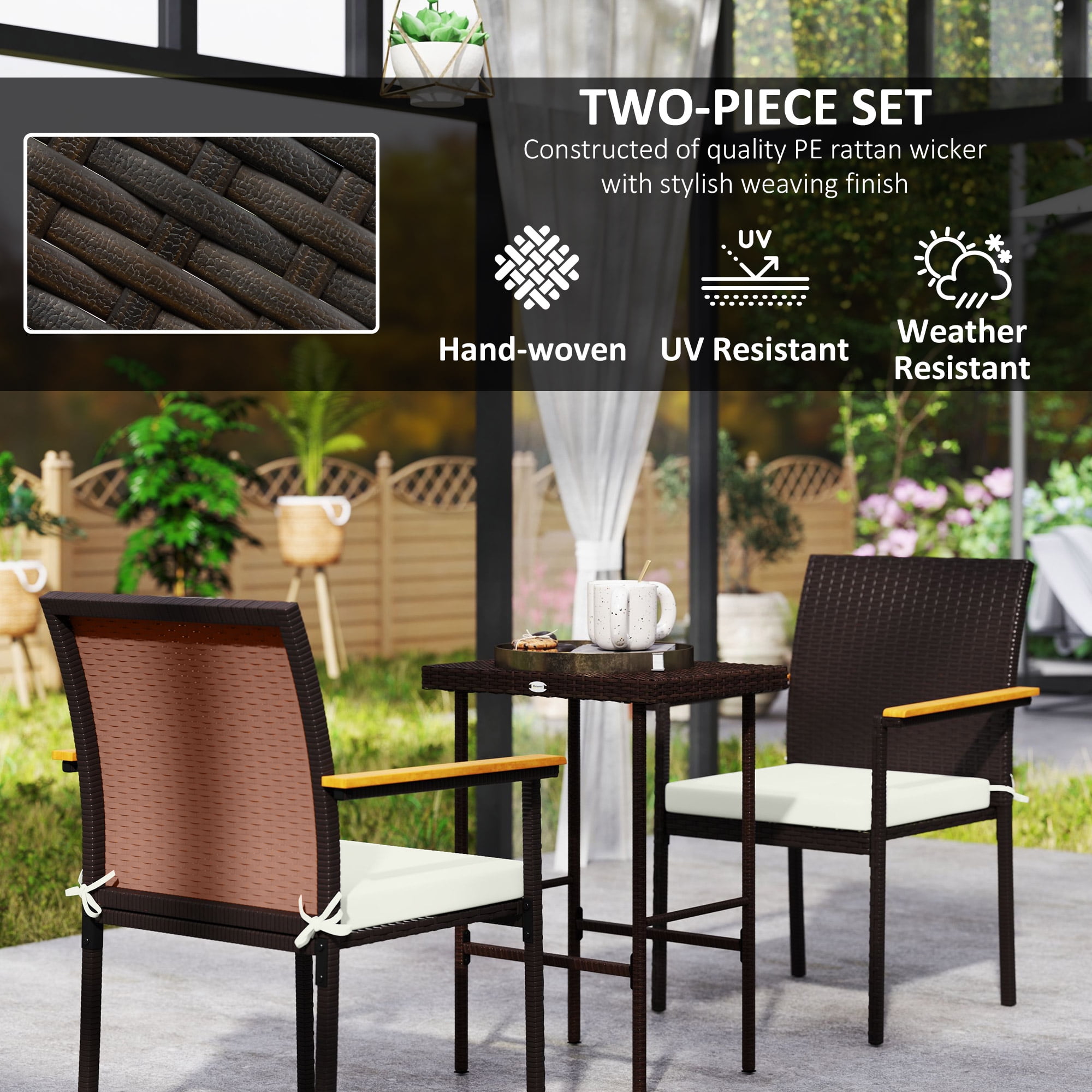 Outsunny Patio Wicker Dining Chair Set of 2, PE Rattan Outdoor Dining Chairs with Cushions, Backrest, Armrests for Deck, Garden, Cream White