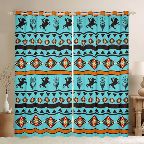 Homewish Retro Boho Tribal Black Out Curtains,Rustic Farmhouse Horse Curtains Pack of 2 (42x63 Each),Cyan Orange Bedroom Curtains For Boy Kids,Ultra Soft Home Decor