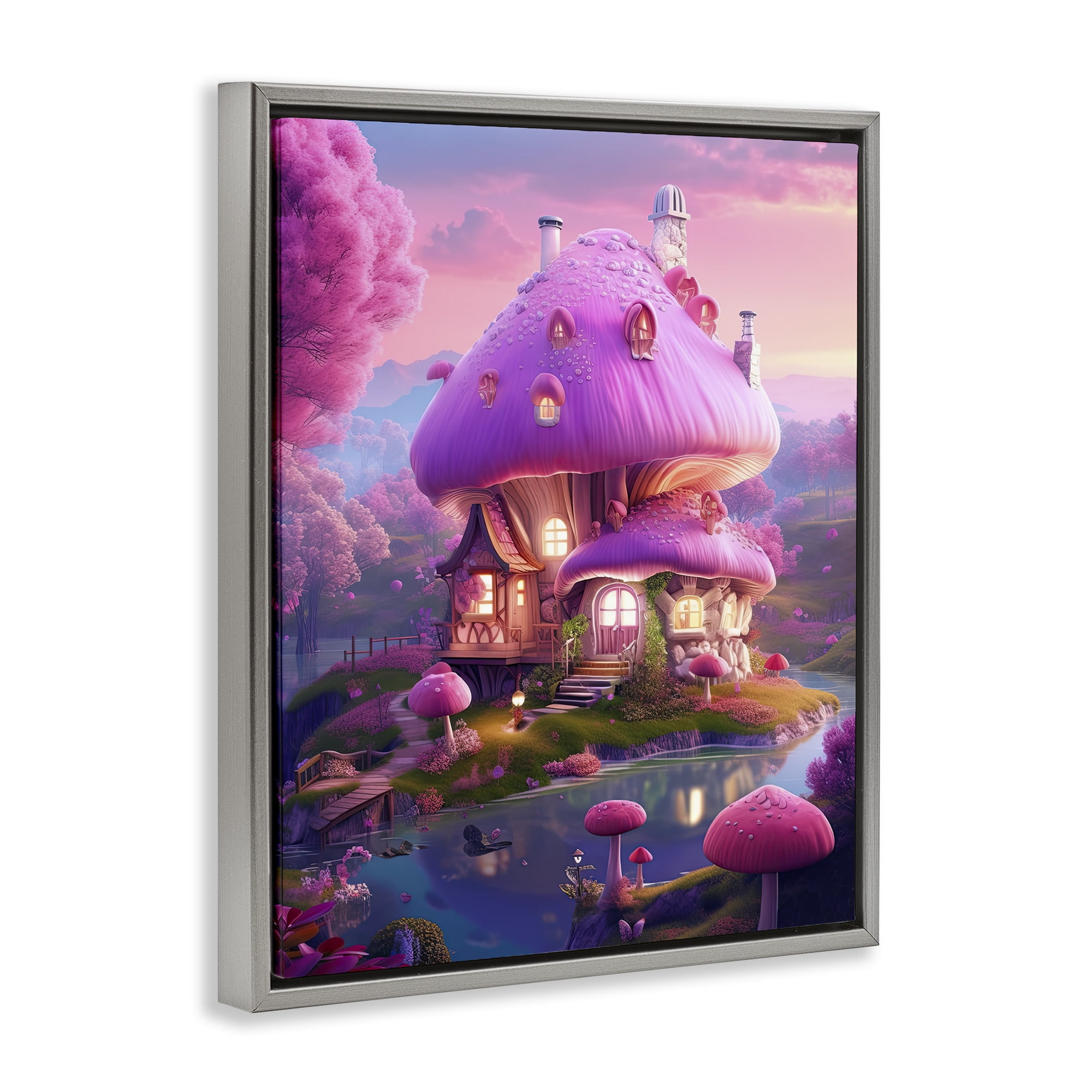 Stupell Industries Forest Mushroom Cottage Town & City Painting Gray Floater Framed Art Print Wall Art, 25 x 31