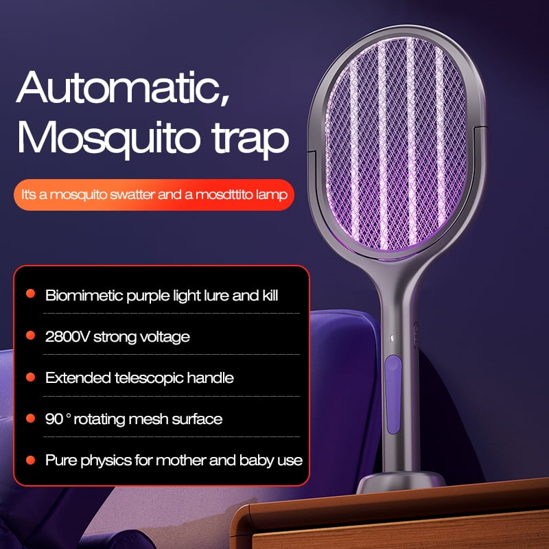 2-in-1 Retractable Electric Fly Swatter Racket - USB Rechargeable Bug Zapper with Mosquito Trap Lamp, Extended Handle Powerful Insect Killer for Home Bedroom Indoor Outdoor
