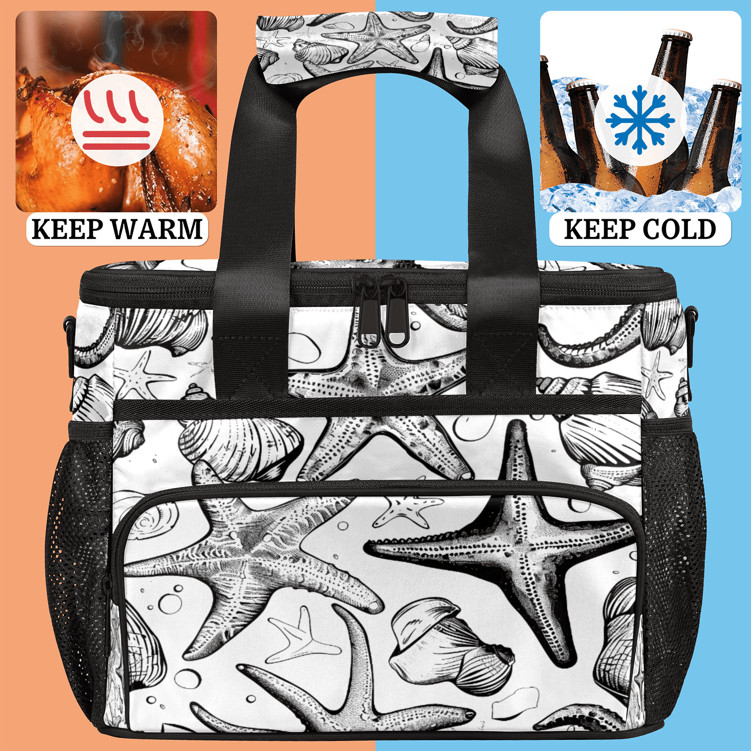 Herdesigns Nautical Starfish Large Lunch Box for Adults Women Men with Adjustable Shoulder Strap, Insulated Reusable Lunch Bag Leakproof Cooler Tote Bag