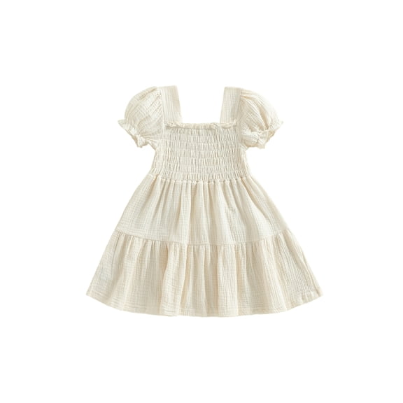 BemeyourBBs Toddler Baby Girl Summer Smocked Dress Little Girls Princess Birthday Baptism Wedding Party Dress Solid Color Short Puff Sleeve Square Neck A-line Dresses