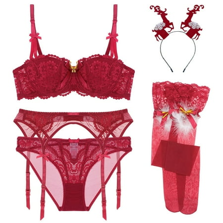 

Christmas underwear sexy lace small chest gathered thin cotton cup bra set with Hair band 5 piece
