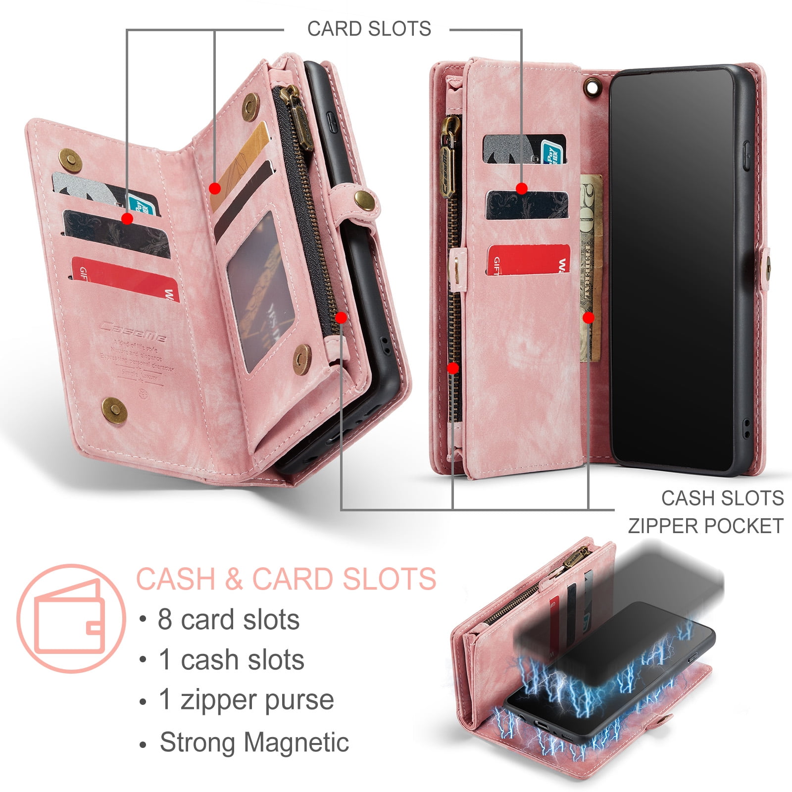 For Samsung Galaxy S10 Wallet Case,Multi-Functional Retro Leather Purse Flip Cover Zipper Wallet Case with Removable Card Slots Pocket & Detachable Wrist Strap Magnetic Phone Case, Pink