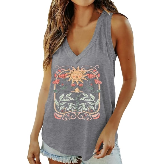 Unir Women's V-Neck Sleeveless Tank Top Sun Flower Graphic Print Loose Casual Cami, 1 Piece, S-XXL