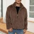 thumbnail image 6 of RYDCOT Mens Faux Fleece Jacket Fluffy Coats Lapel Collar Long Sleeve Full Zip Outerwear Winter Warm Cardigans Jacket Brown, 6 of 9
