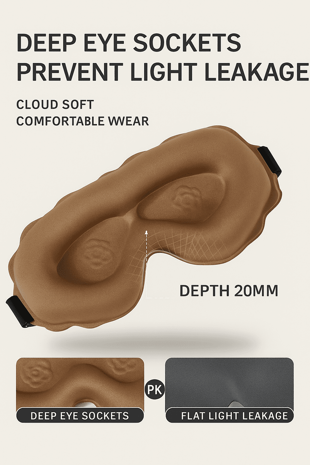 MCTOURY 3D Contoured Sleep Mask for Women & Men – Ultra-Soft Eye Mask with Deep Eye Sockets, Adjustable Strap, Breathable Lightweight Cotton for Travel, Nap, Meditation, Brown