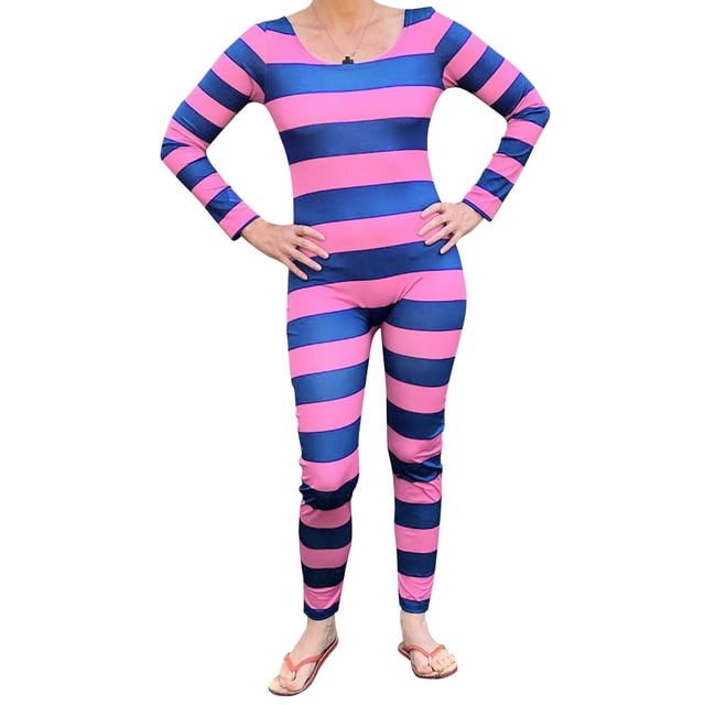 SUNSIOM Costume à Rayures Roses et Violettes pour Femmes Cat Combinaison à Manches Longues Accessoires de Cosplay d'Halloween