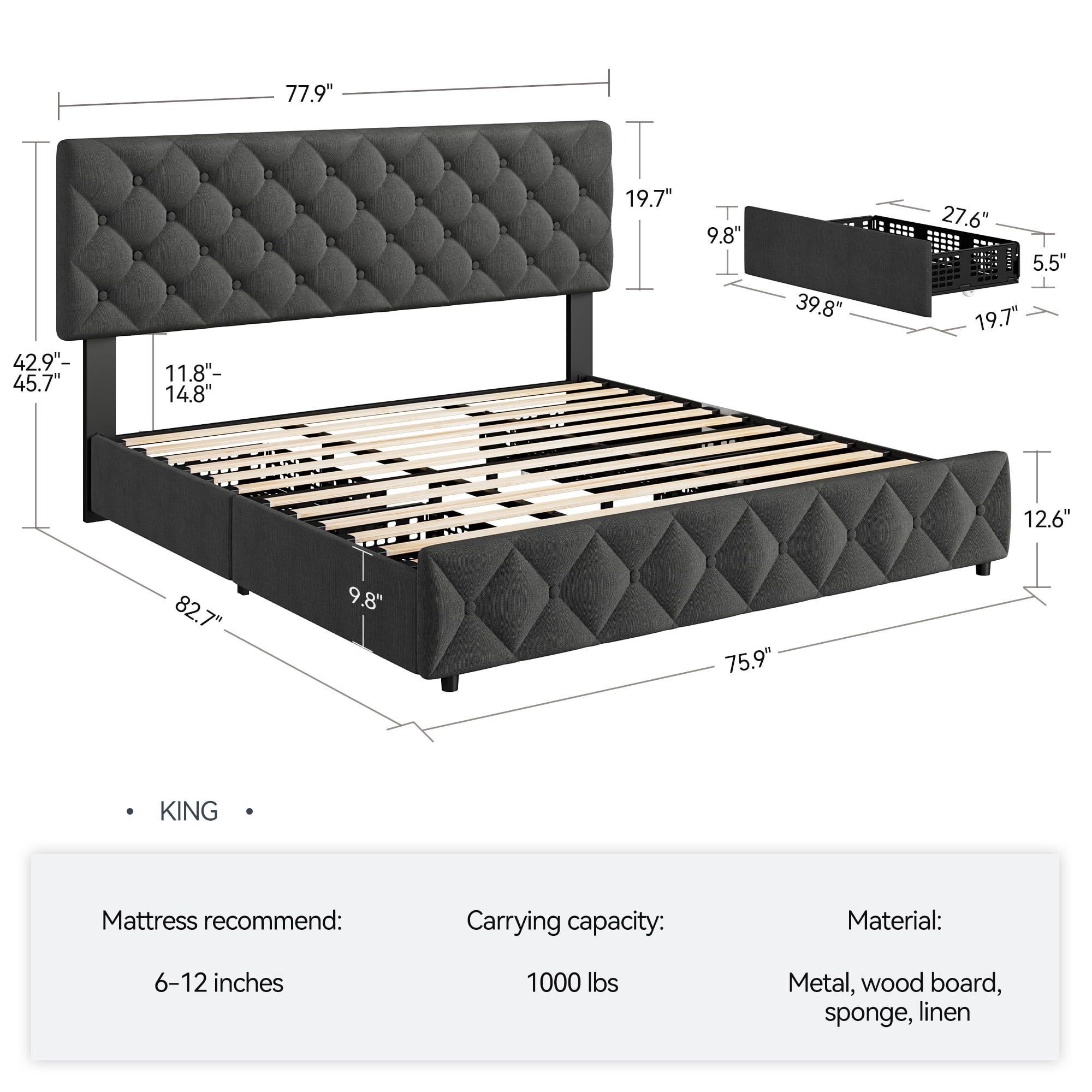Queen Bed Frame with Headboard Adjustable, Linen Upholstered Size Platform Bed Frame with 4 Drawers, Modern Queen Bedframe, Wooden Slats Supports, No Box Spring Needed, Diamond Stitched Button, Beige