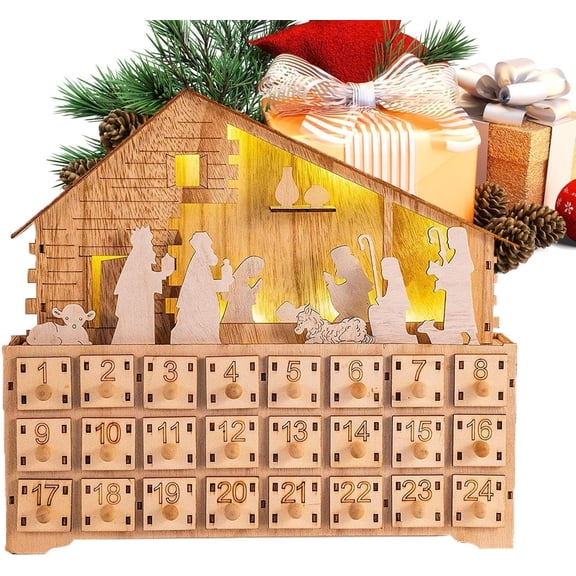 Nativity Scene House Box Advent - 24 Days Wooden Christmas Decor | Countdown Calendar LED Light Drawer | for Indoor Holiday