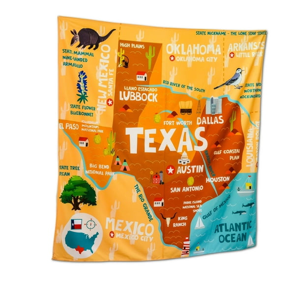 Birdy Boutique Texas State Map Tapestry – 60" x 59" Educational Wall Hanging