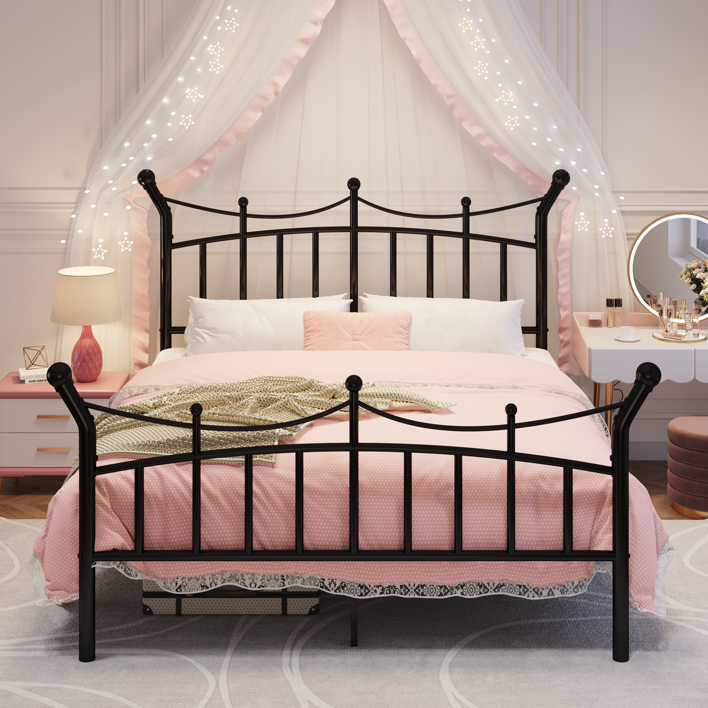 Amolife Full Bed Frame, Metal Platform Bed with Crown-Shaped Headboard and Footboard, 12.6'' Under-Bed Storage Space, No Box Spring Needed, Black