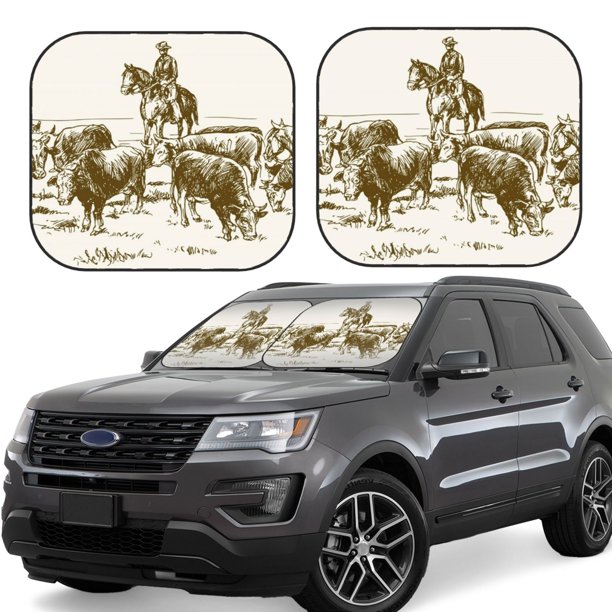 Balery Cattle Drive By Two Cowboys Parasol para parabrisas de coche de 2 piezas | Parasol plegable para parabrisas delantero de coche para la mayoría de sedanes-Large