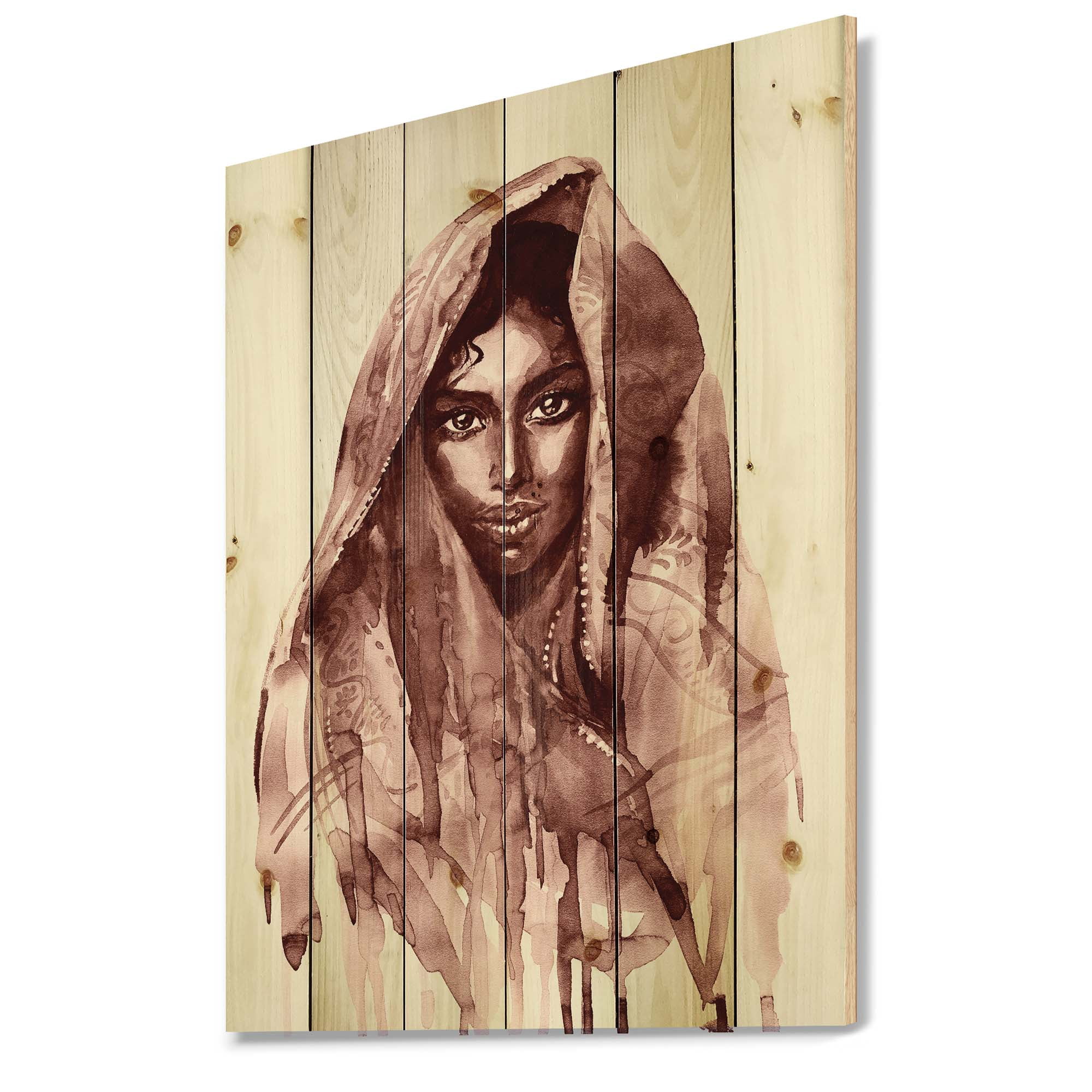 Designart 'Black and White Portrait of Young Indian Woman II' Modern Print on Natural Pine Wood
