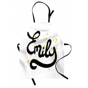 Emily Apron Hand Drawn Monochrome Cursive Font Modern Calligraphic Signature Design, Unisex Kitchen Bib Apron with Adjustable Neck for Cooking Baking Gardening, Mustard Black and White, by Ambesonne