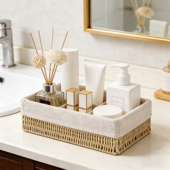 KUKIDSVO 11-14in woven storage basket, rattan organizer bin, portable basket for clothes toys home(BeigeB)