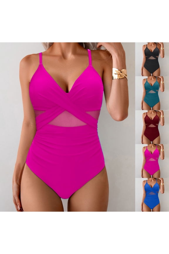 Swimsuit One Piece for Women, One Piece Swimwear for Ladies, Womens V Neck Sleeveless Solid Color Waist Defining Swimsuit