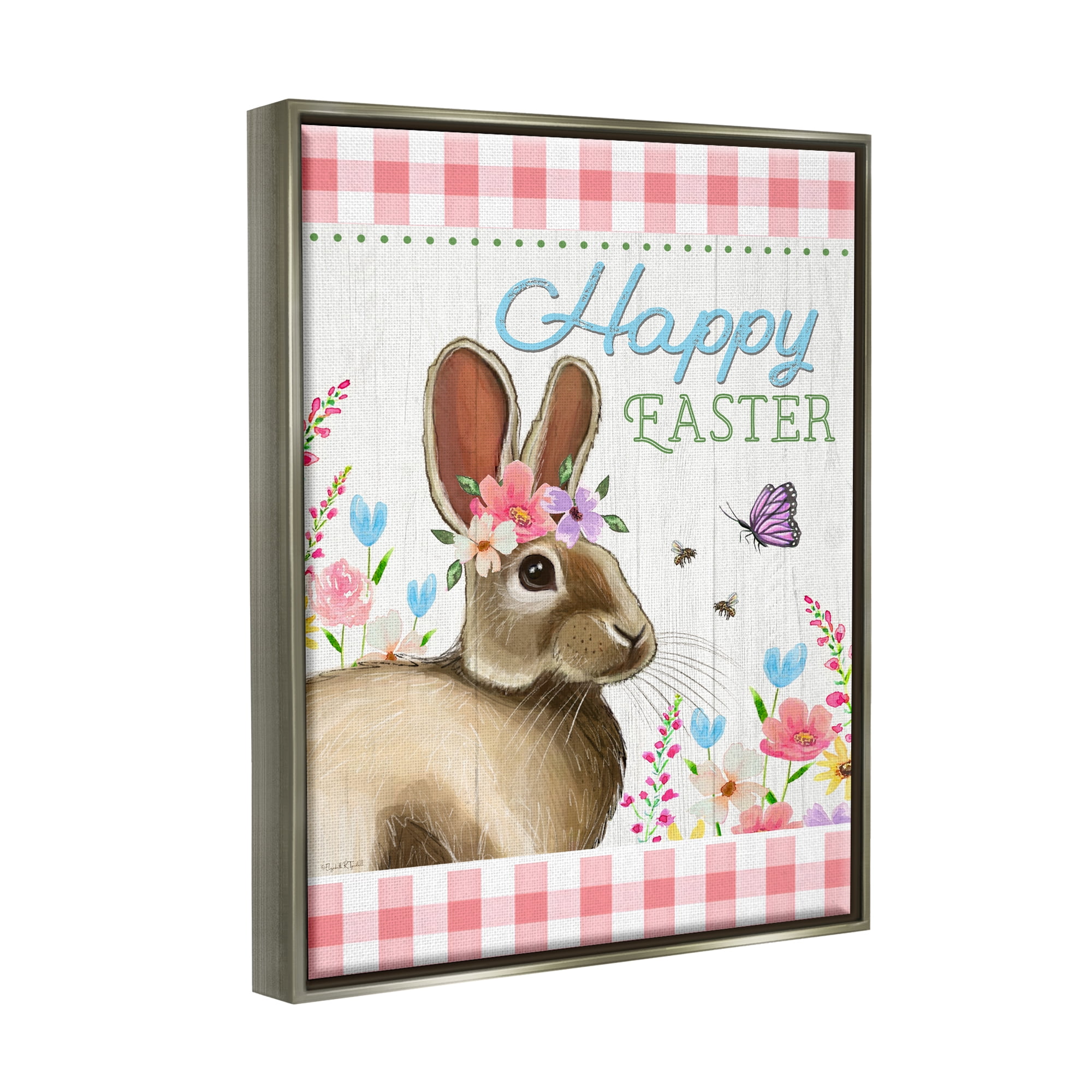Stupell Happy Easter Floral Gingham Rabbit Holiday Painting Gray Floater Framed Art Print Wall Art