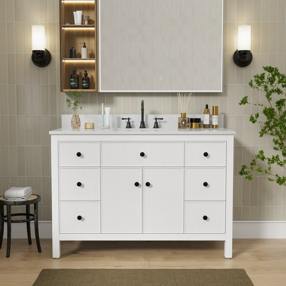48" Fully Assembled Single Bathroom Vanity with Engineered Stone Top, Ceramic Sink, Hand Paint