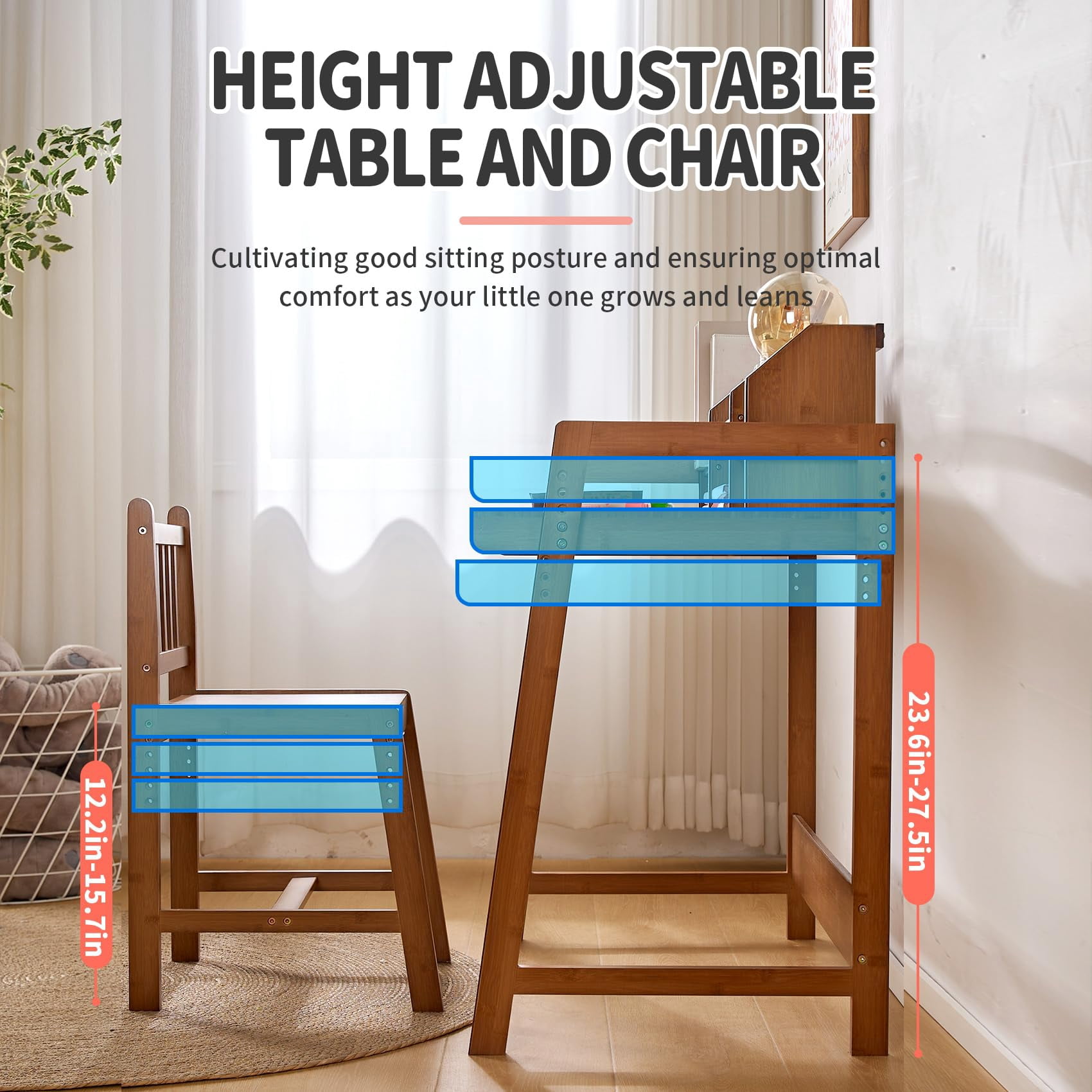 UNICOO® Height Adjustable Bamboo Kids Desk and Chair Set - Ergonomic Kid Desk and Chair Set for Study, Writing, and Homework - Durable and Eco-Friendly Kids' Desks (Antique Brown 01)