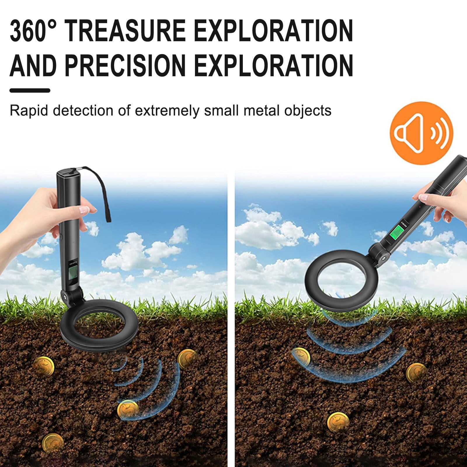 Handheld Metal Detector Portable Foldable 140 mm Probe with Silent Vibration and Buzzer Alarm Modes