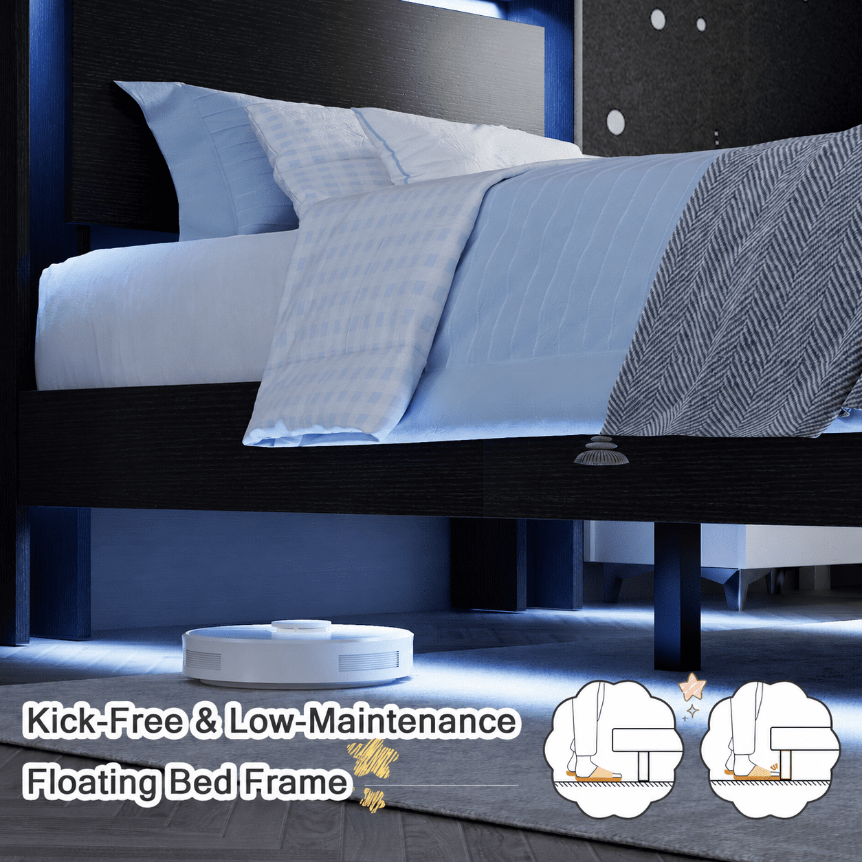 Einhomn Twin Size Floating Bed Frame with  LED Lights & Charging Station,Wood Platform Bed Frame with Storage Headboard,Noise Free,No Box Spring Needed,Easy to Assemble-Black