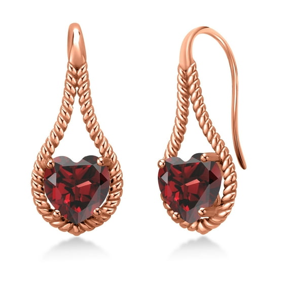 Gem Stone King 18K Rose Gold Plated Silver Red Garnet Dangle Earrings for Women | 2.60 Cttw | Gemstone January Birthstone | Heart Shape 7MM