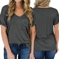 thumbnail image 4 of Summer Women's T-shirt Solid Black White Tops with Pocket Short Sleeves V Neck T Shirt Casual Basic Tees, 4 of 6