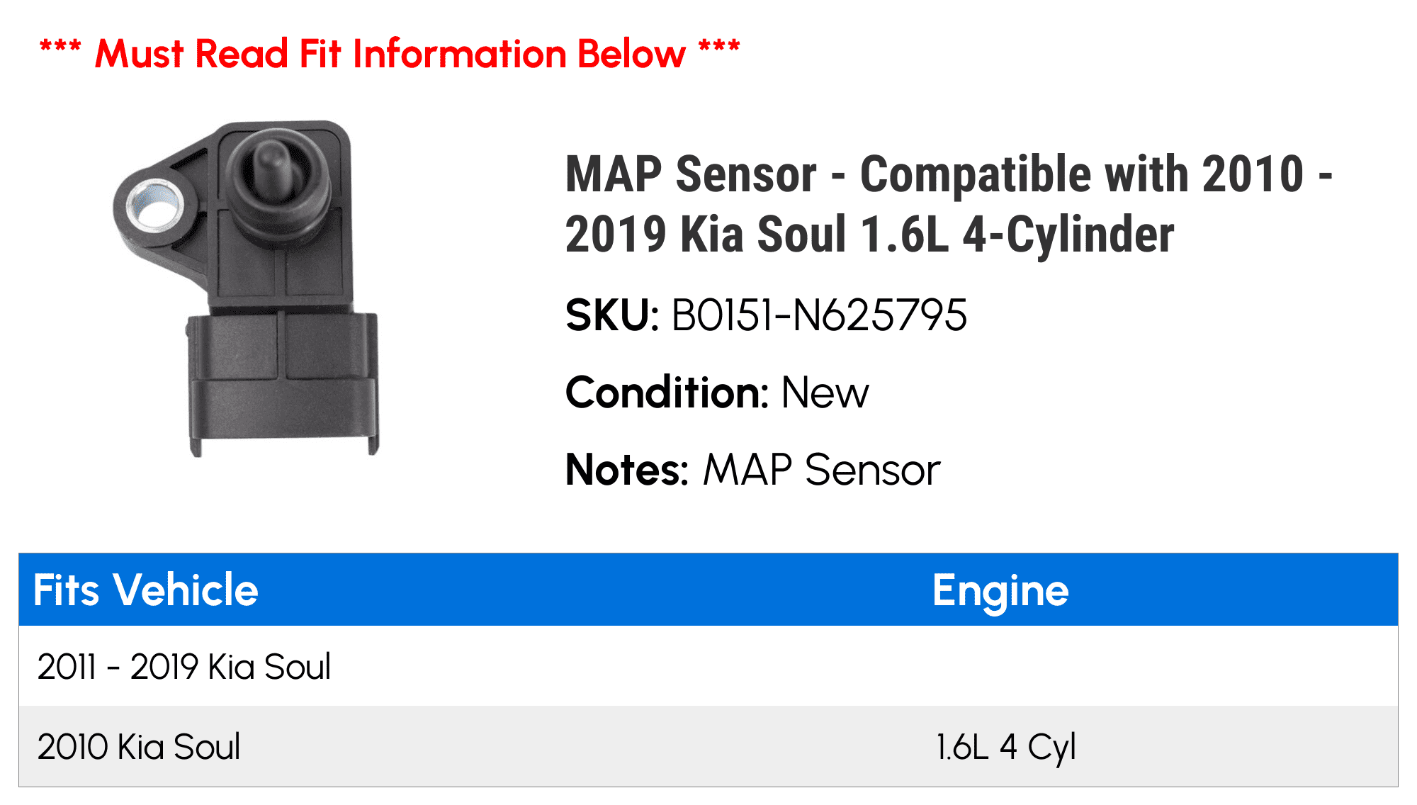 MAP Sensor - Compatible with 2010 - 2019 Kia Soul 1.6L 4-Cylinder 2011 2012 2013 2014 2015 2016 2017 2018