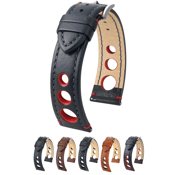 Hirsch Rally Artisan Leather Watch Strap - Black - L - 20mm - Silver Buckle