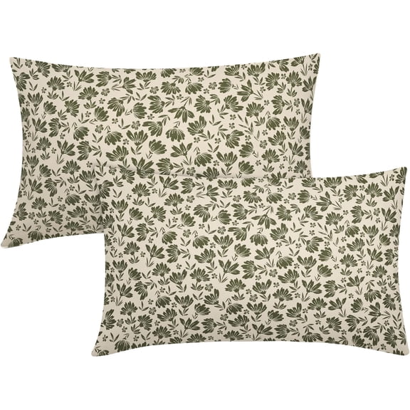 Daisy Floral Block Print Lumbar Pillow Covers 12X20 Inch Olive Green Beige Flowers Decorative Pillow Cases Set of 2 Farmhouse Home Decor Vintage Rustic Cute Throw Pillows For Sofa Couch Outdoor