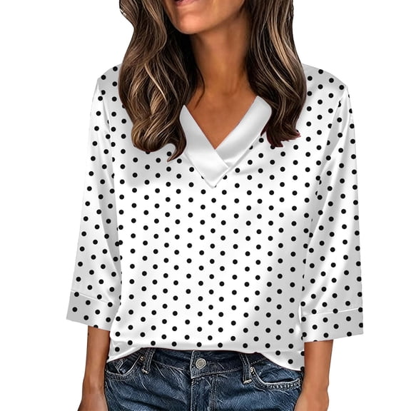 JSKUMAR Women's Silk Satin Tops Trendy Polka Dots Half Sleeve Blouse V Neck Loose Shirts Casual Tunic Outfits (White,XL)