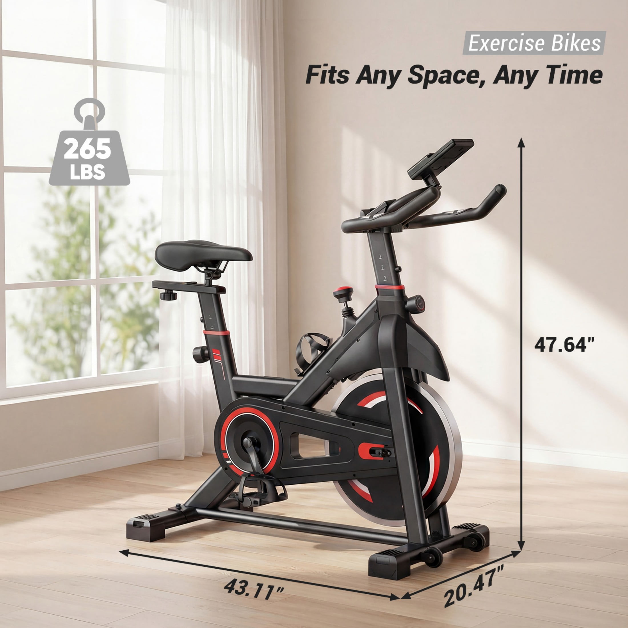 CONCETTA Exercise Bike for Home Gym, Stationary Indoor Cycling Bike, Low Noise Cardio Workout Equipment with Adjustable Resistance, Black Red