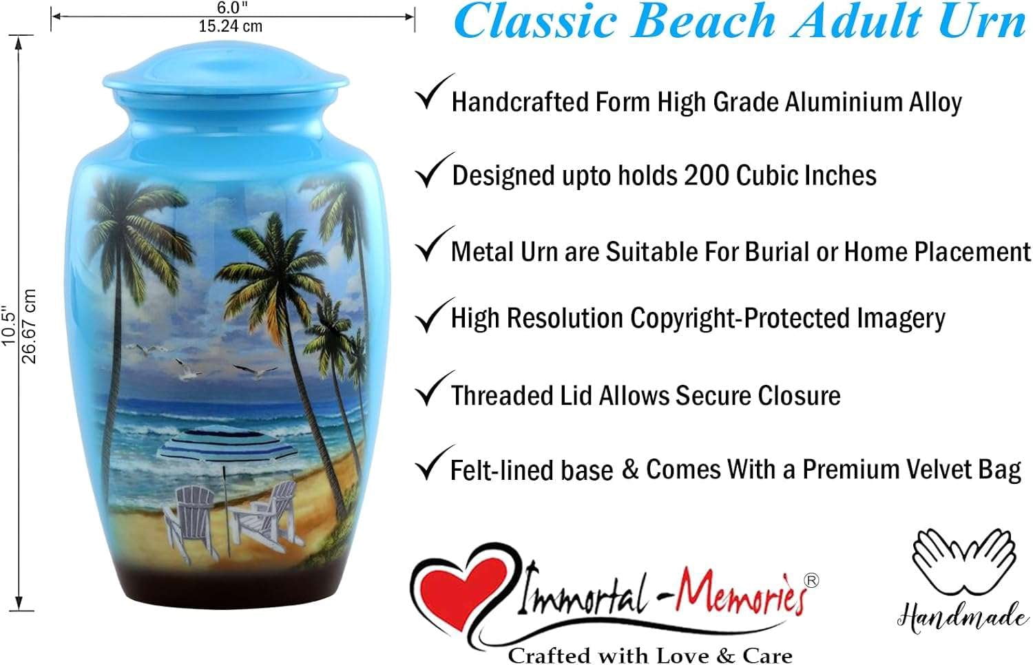 Paradise Beach Adult Cremation Urn for Human Ashes – Tropical Ocean Palm Tree Memorial Urn with Secure Lid, Blue Aluminum Alloy, Holds Up to 200 Cubic Inches