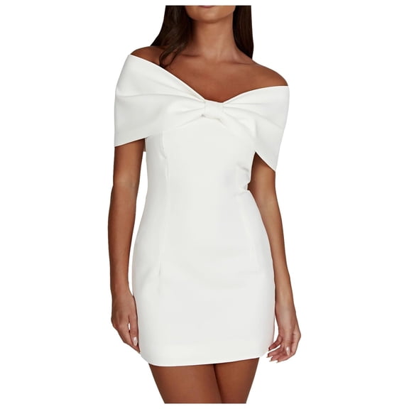 Women's Off Shoulder Mini Dress Short Sleeve Bow Front Sexy Bodycon Dresses Casual Solid Slim Fit Short Dress