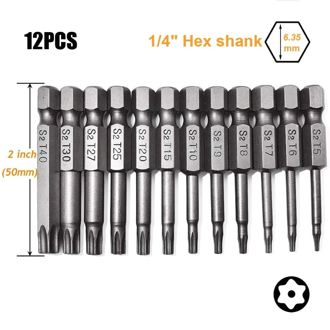 SATC 12-Piece Driver Bit Set Tamper Proof Security Star Impact S2 Steel Hex Shank