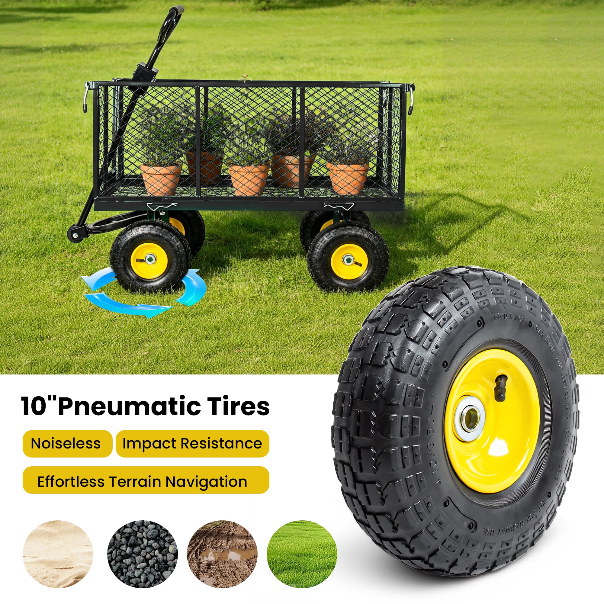 Steel Garden Cart, 3-in-1 Oversized 880 lbs Mesh Metal Pullable Cart with Removable Liner for Lawn Garden Backyard, Black
