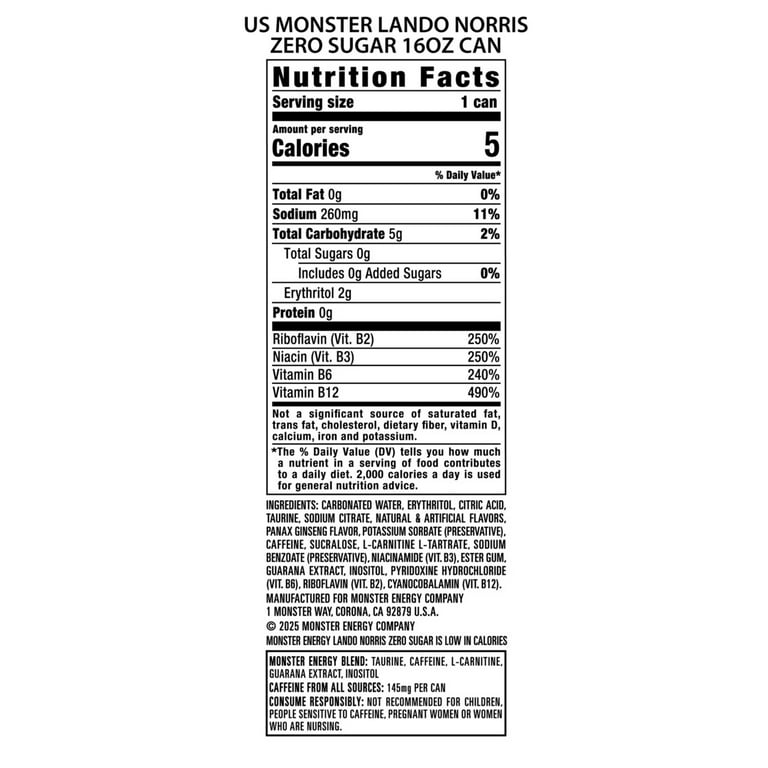 Monster Energy, Lando Norris, Sugar Free Energy Drink, 16 fl oz, Can
