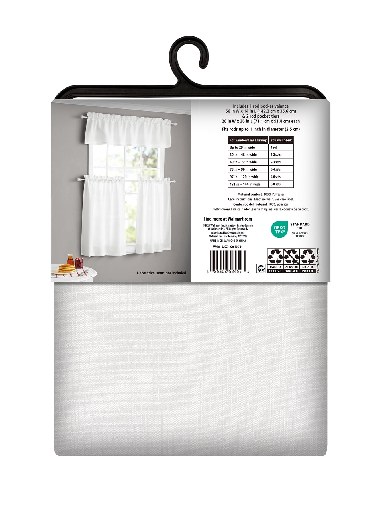 Mainstays Rod Pocket Tier and Valance Kitchen Curtain Set, 3-Piece, White, 56" W x 36" L