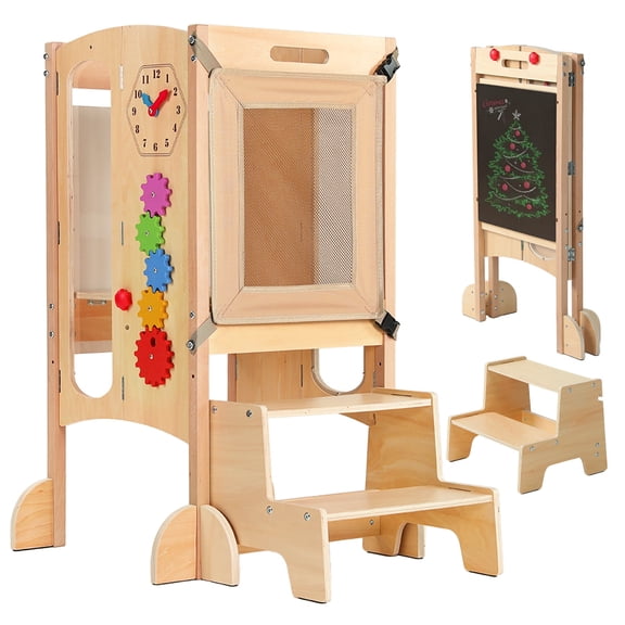Keaibuding Foldable Montessori Toddler Tower with Safety Net, 3-in-1 Wooden Kitchen Step Stool for Kids 18M-5Y, Adjustable Learning Tower with Chalk-Whiteboard & Magnetic Maze