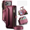 thumbnail image 1 of Asuwish Compatible with iPhone 17 Pro 6.3 inch Zipper Wallet Phone Case Tempered Glass Screen Protector Crossbody Lanyard Strap Flip Card Holder Slot Cell Cover for i Phone17 i17 17Pro Women Wine Red, 1 of 8