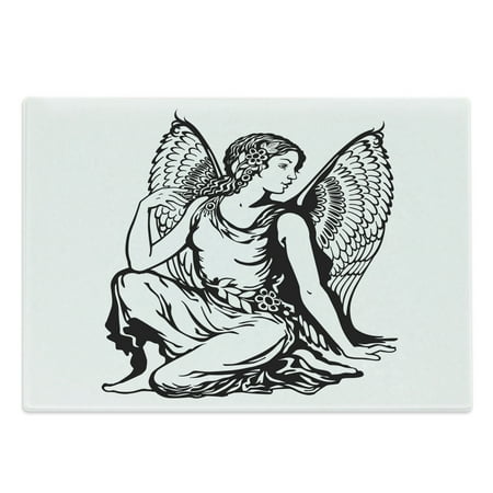 

Zodiac Virgo Cutting Board Young Woman with Angel Wings Monochrome Tattoo Art Design Decorative Tempered Glass Cutting and Serving Board Large Size Black and White by Ambesonne