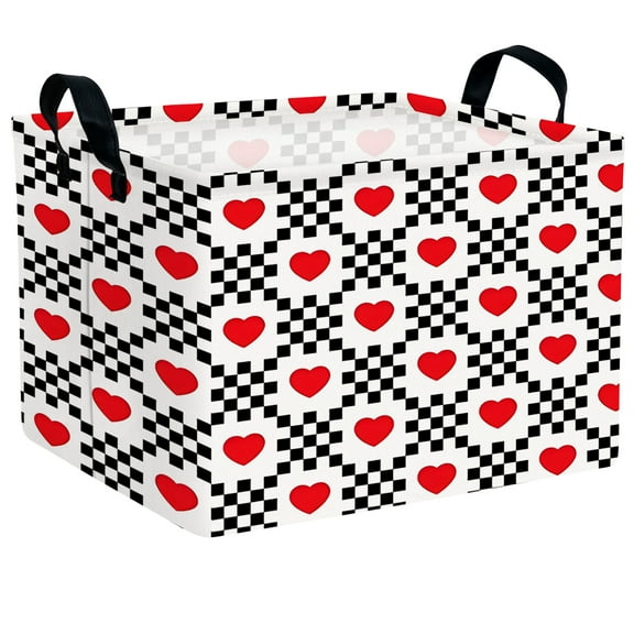 ASKETAM Large Valentine's Day Gift Basket Empty Storage Organizer Kid Room Décor (Black and White Checkered Heart)
